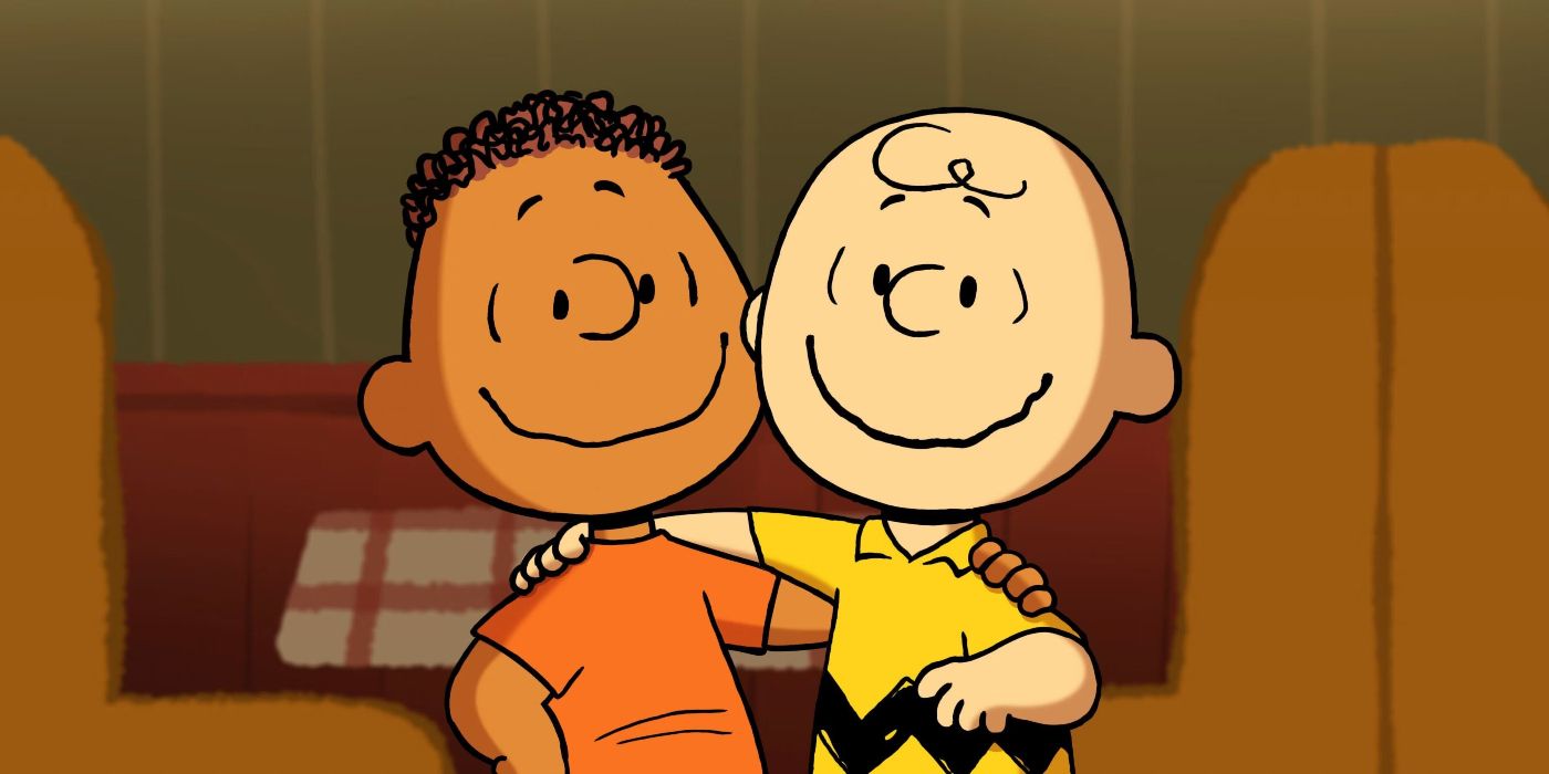 Franklin and Charlie Brown with their arms around each other in Snoopy Presents: Welcome Home Franklin