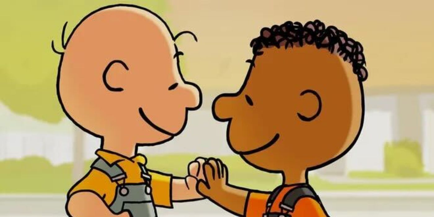 Franklin and Charlie Brown high-five while smiling in Snoopy Presents: Welcome Home, Franklin