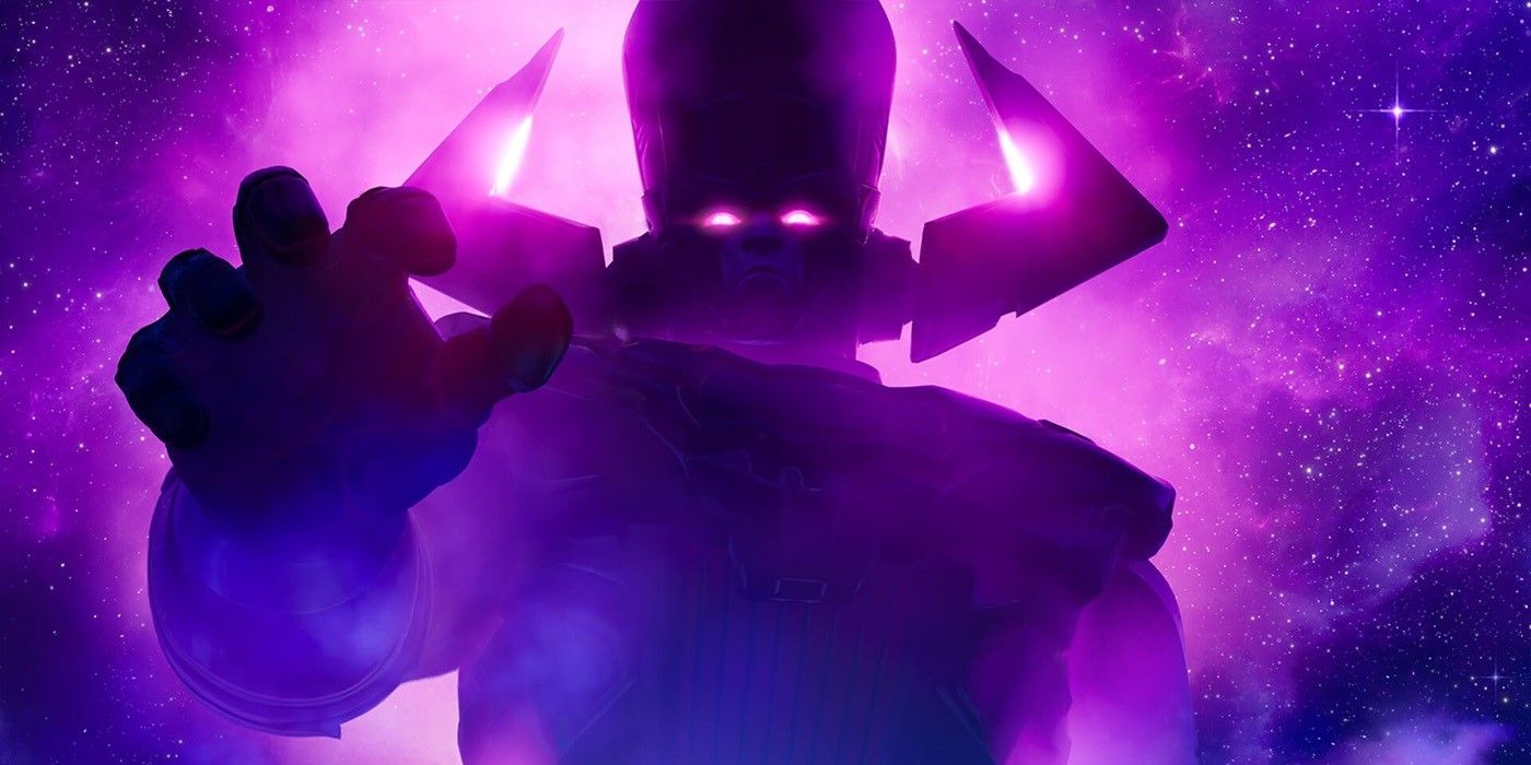 Galactus in space with a purple mist around him reaching his hand down toward someone