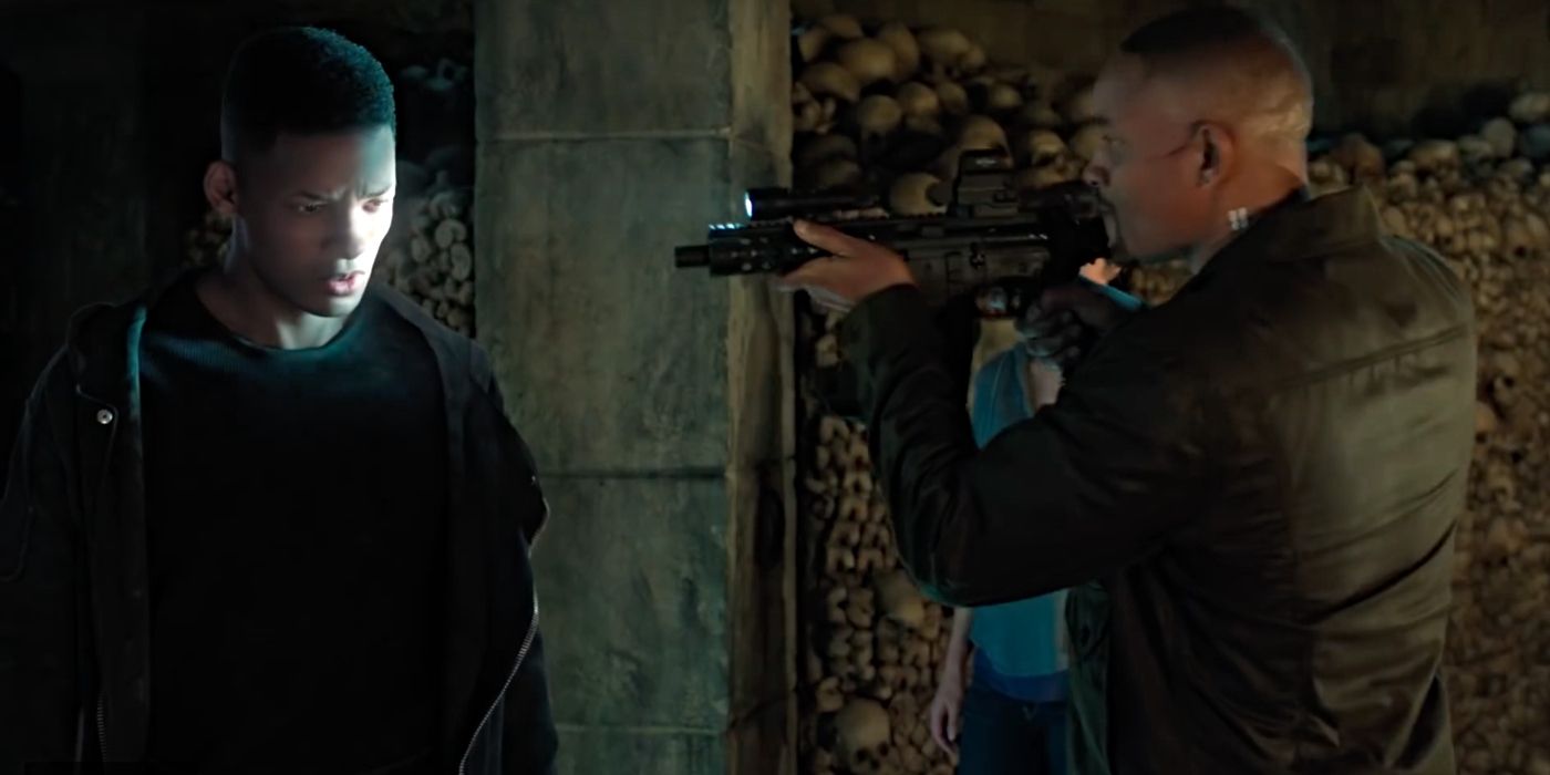 Gemini Man 2019 Will Smith as Henry Brogan points a gun at his younger self