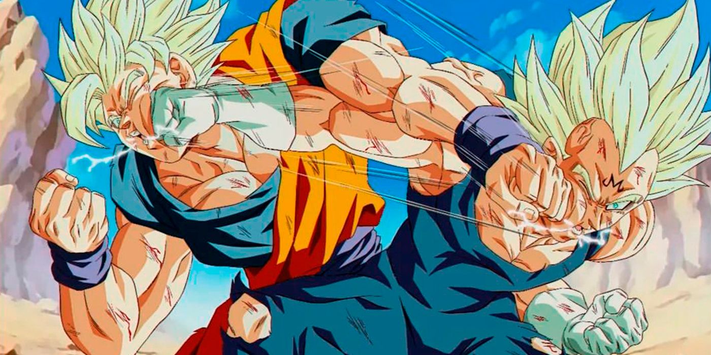 Goku and Vegeta punch each other in Dragon Ball