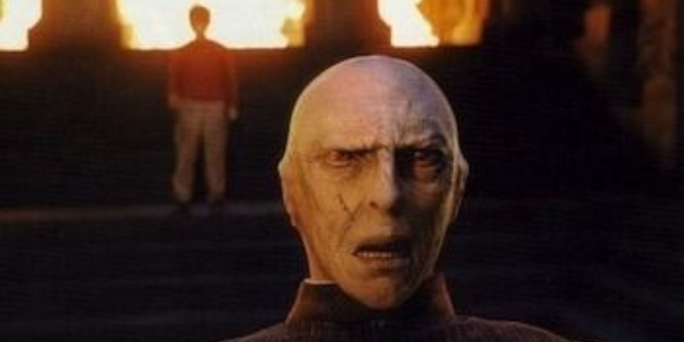 Richard Bremmer as Voldemort with a larger nose and no hair, standing beside a fire in Harry Potter