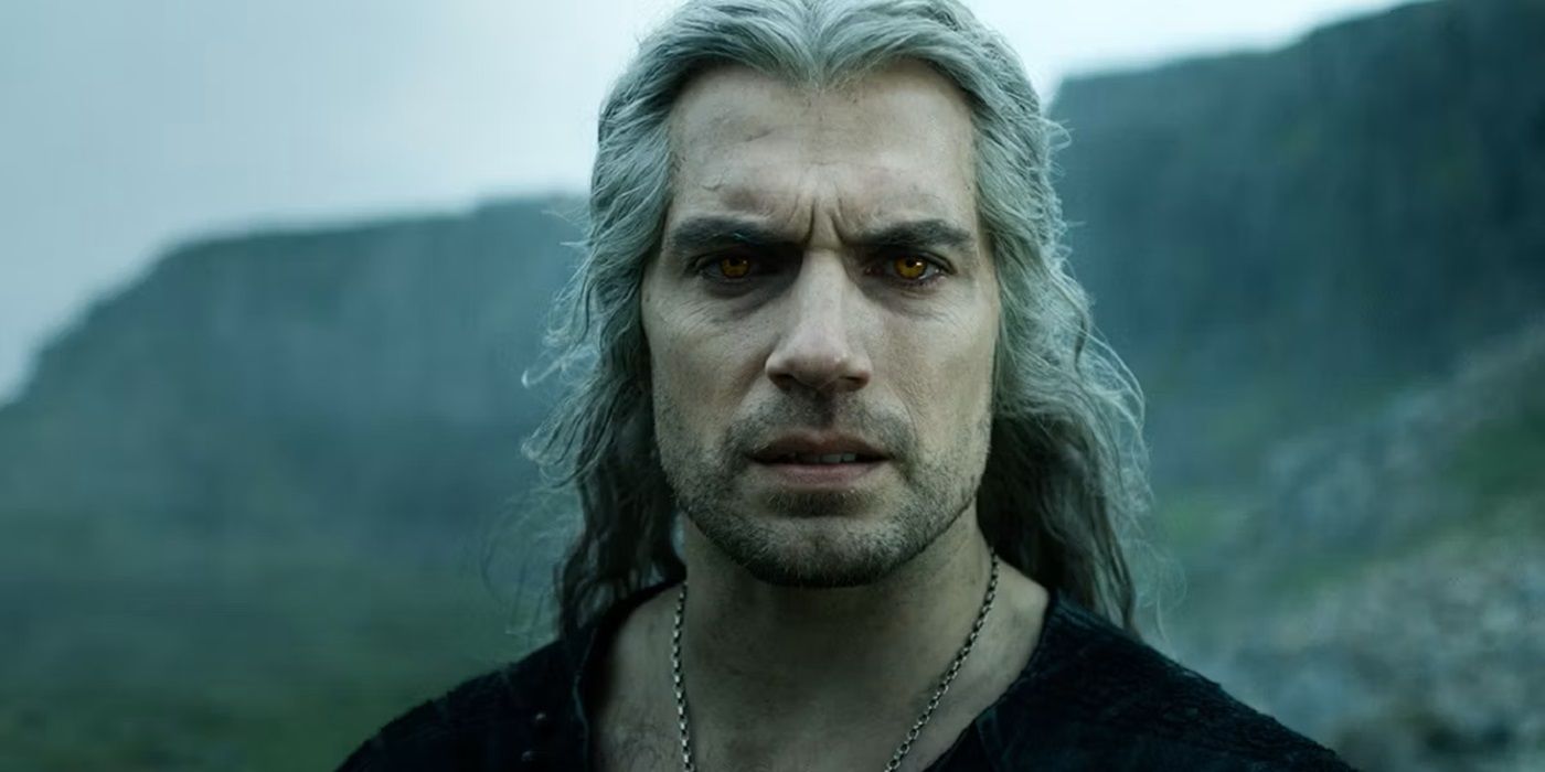 Henry Cavill as Geralt wearing a black shirt, with orange eyes in The Witcher