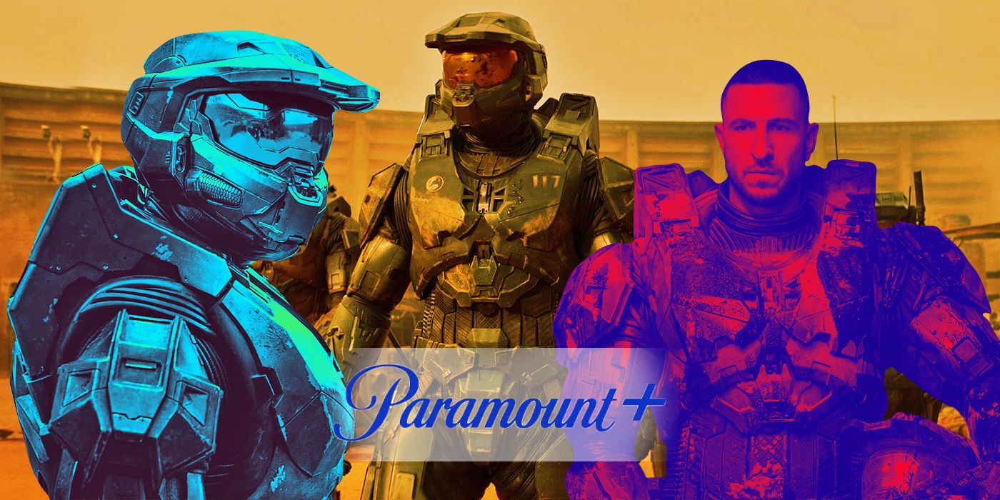 Pablo Schreiber as Master Chief wearing his green spartan armor with his helmet on an off in an edited image of Halo