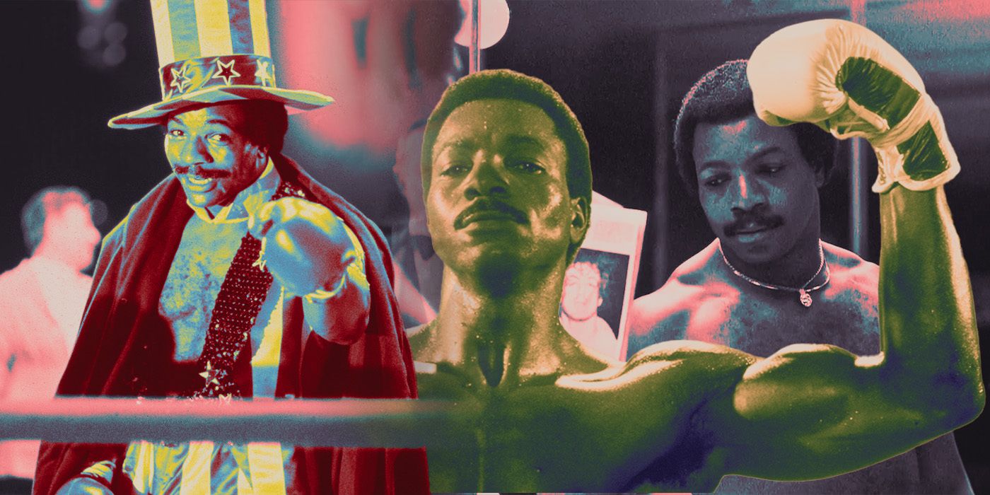 Carl Weathers as Apollo Creed in Rocky wearing boxing gloves and a cape with a large top hat