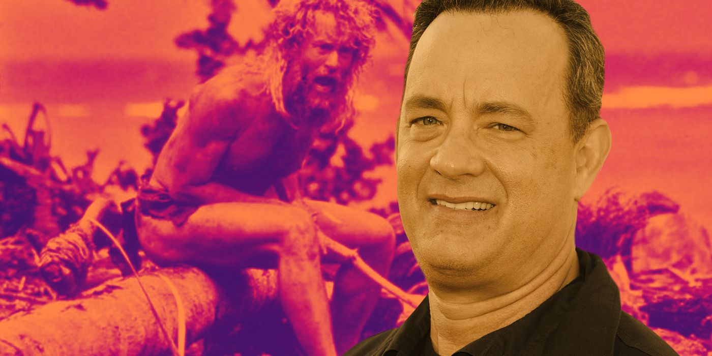 Tom Hanks as Chuck yelling at Wilson on the island in Cast Away, in an edited image with Tom Hanks today