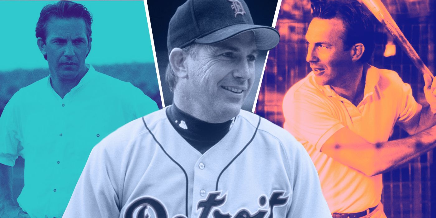 An edited image of Kevin Costner in Field of Dreams, Bull Durham, and For Love of the Game