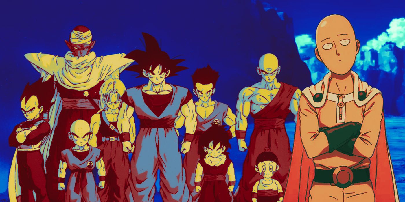 One Punch Man wearing a cape next to characters from Dragon Ball including Goku