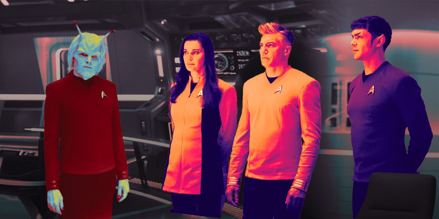 An edited image of Star Trek characters including Anson Mount as Pike, Ethan Peck as Spock, Rebecca Romijn as Number One 