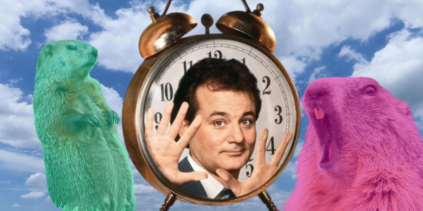 Bill Murray trapped in a clock with different colored groundhogs next to him for Groundhog Day