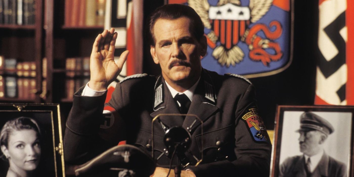 Nick Nolte as Mother Night in his Nazi uniform raising his right hand in Mother Night
