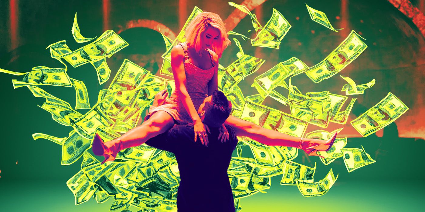 Henry Cavill as Argylle dancing with Dua Lipa as LaGrange and dollar bills behind them in an edited image of Argylle