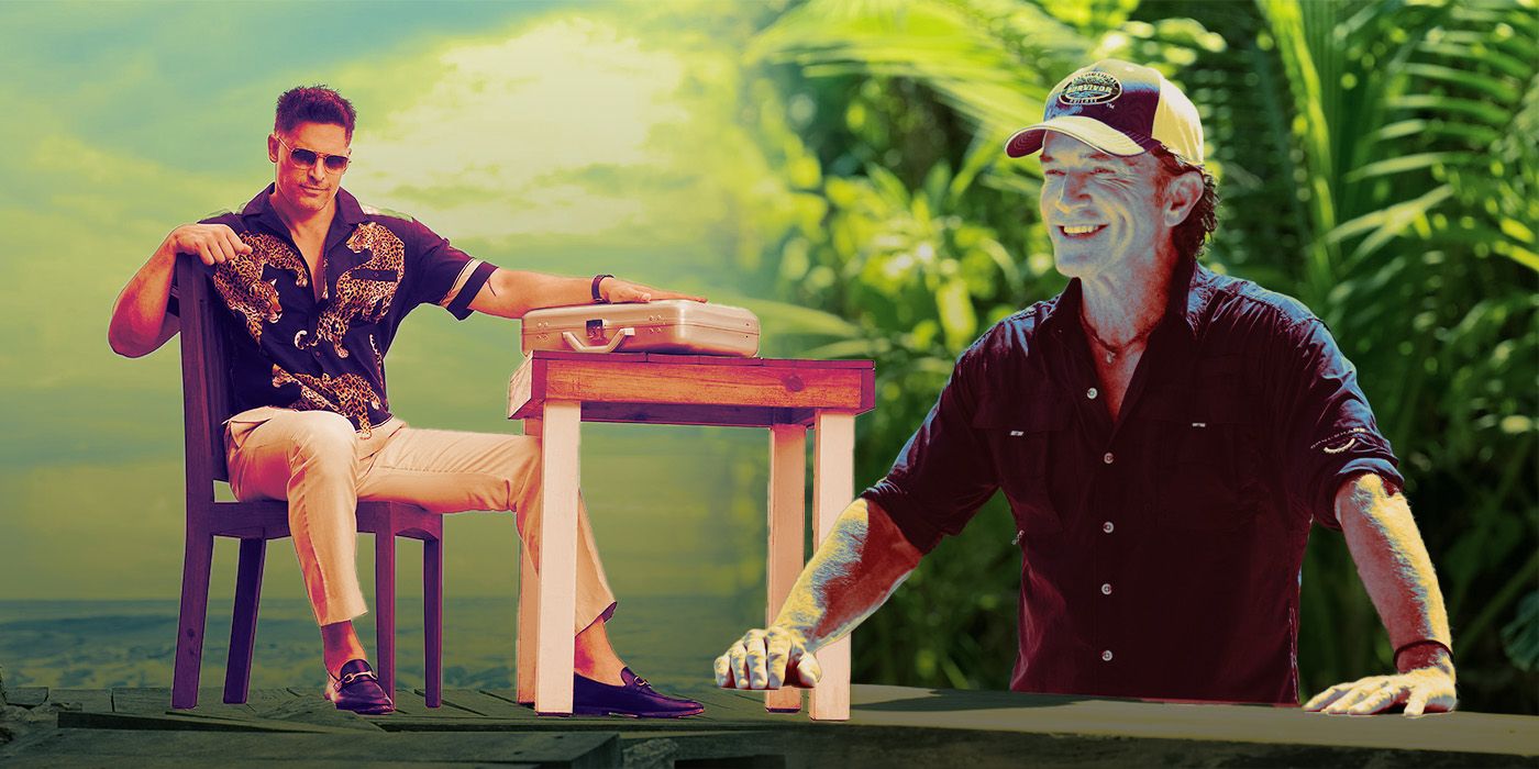An edited image of Joe Manganiello sitting at a table with Jeff Probst smiling in Deal or No Deal Island and Survivor