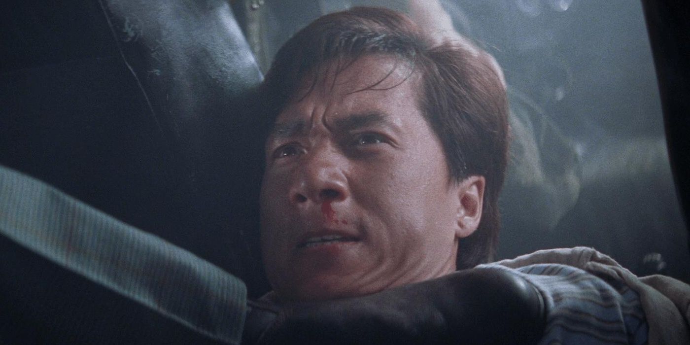 Jackie Chan as Jackie in Mr. Nice Guy with blood dripping from his nose