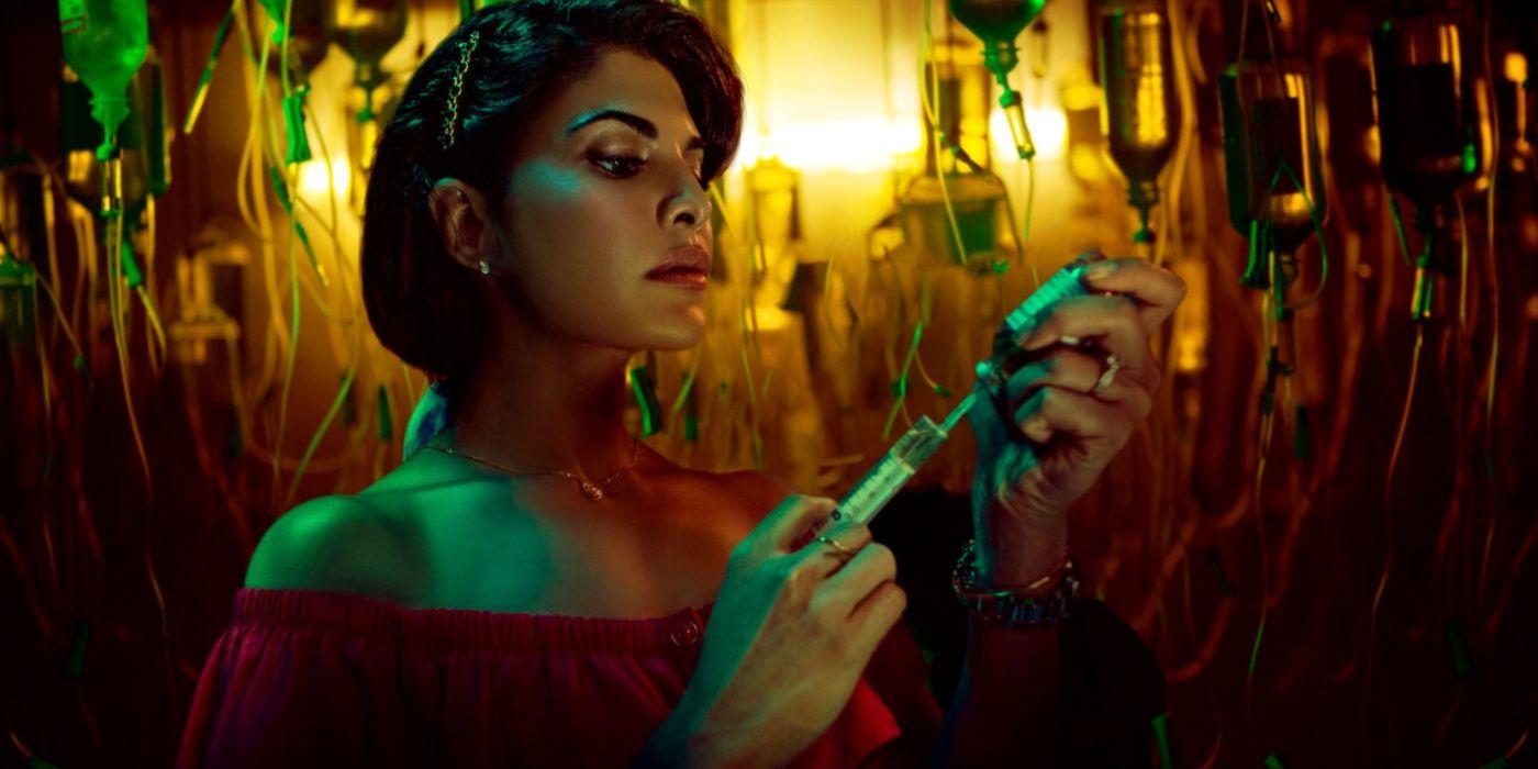 Jacqueline Fernandez as Sona Mukerjee filling a syringe in Mrs. Serial Killer
