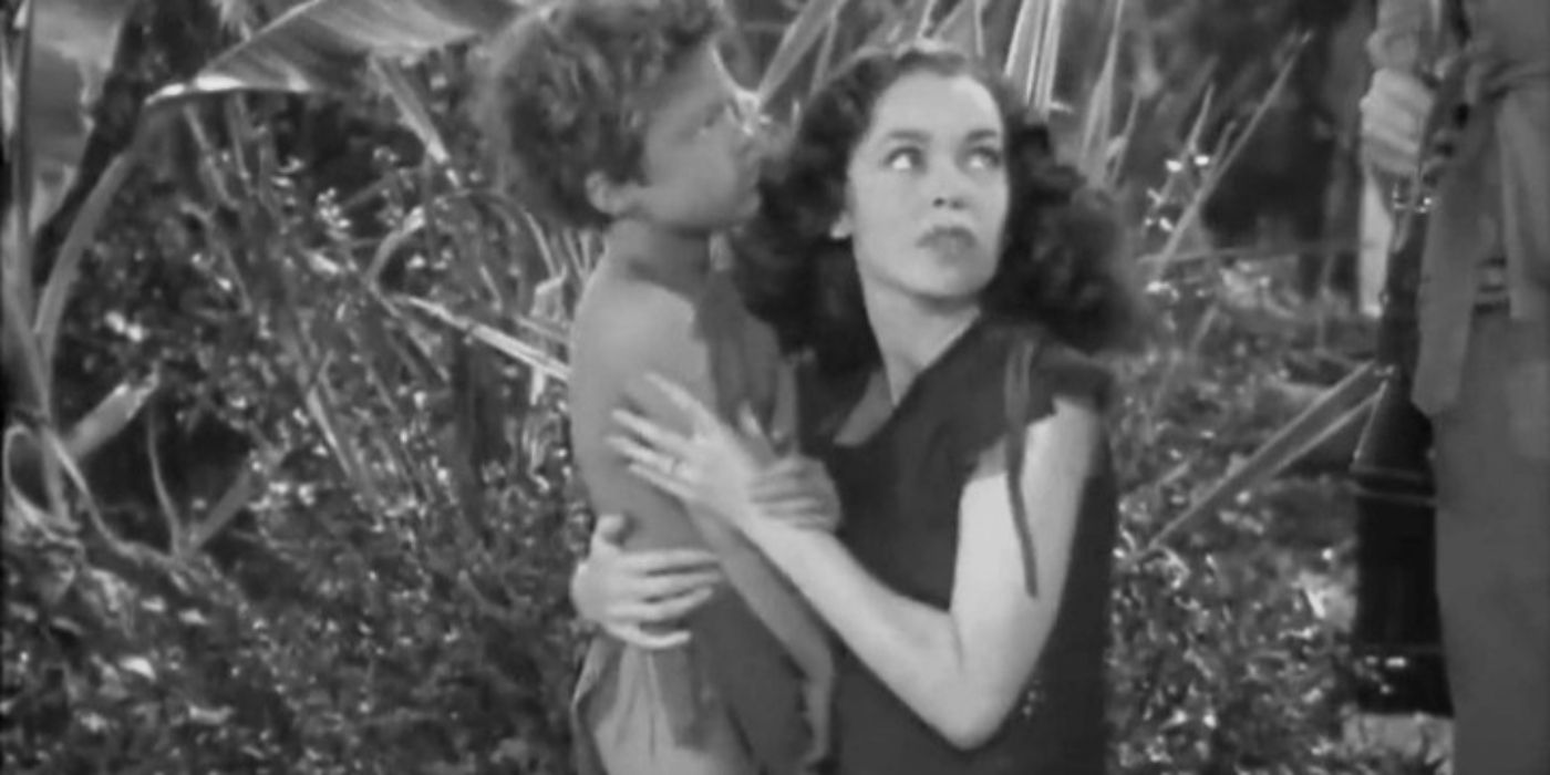 Jane protegendo menino em Tarzan encontra um filho