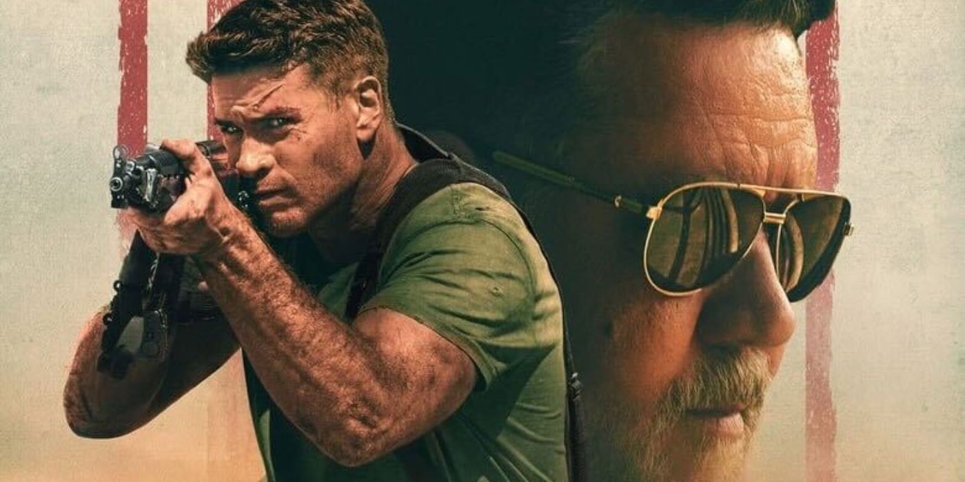 Liam Hemsworth as Kinney holding a rifle with Russell Crowe as Reaper behind him in a poster for Land of Bad
