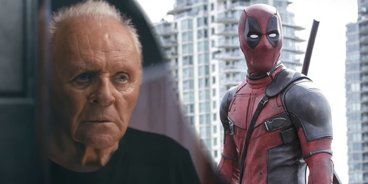 Anthony Hopkins looking in a mirror and Deadpool in the city