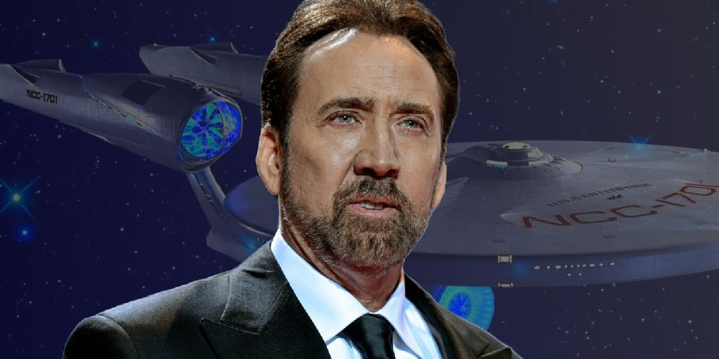 Nicolas Cage superimposed on an image of a Star Trek spaceship
