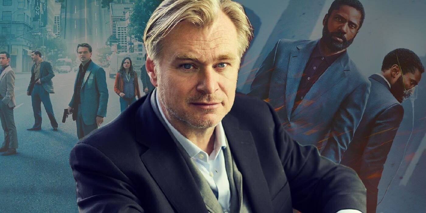 Christopher Nolan with posters for Inception and Tenet with John David Washington and Leonardo DiCaprio