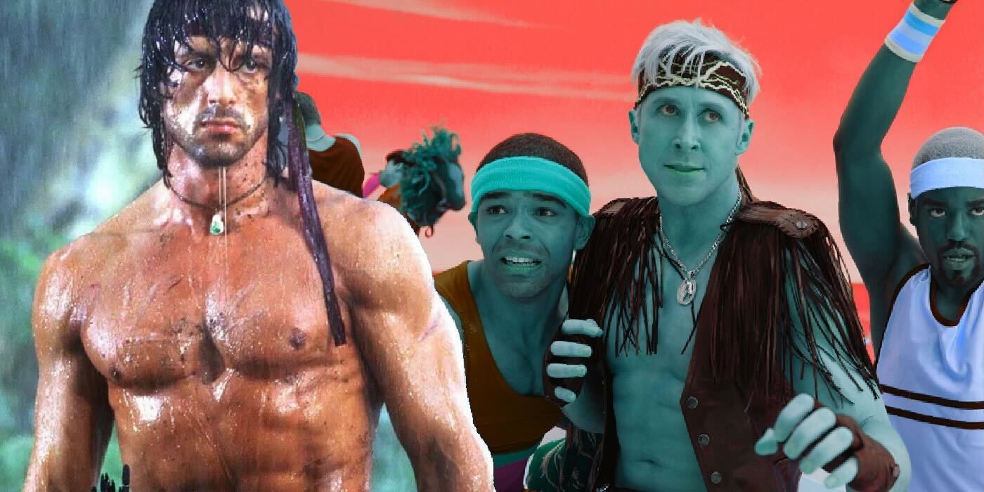 Sylvester Stallone as Rambo looking at Ryan Gosling as Barbie's Ken
