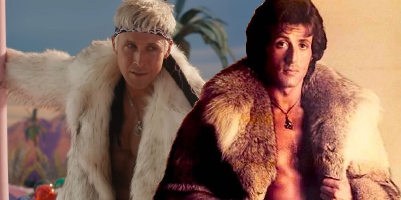 Ryan Gosling as Ken in Barbie and Sylvester Stallone in the 80s in a fir coat