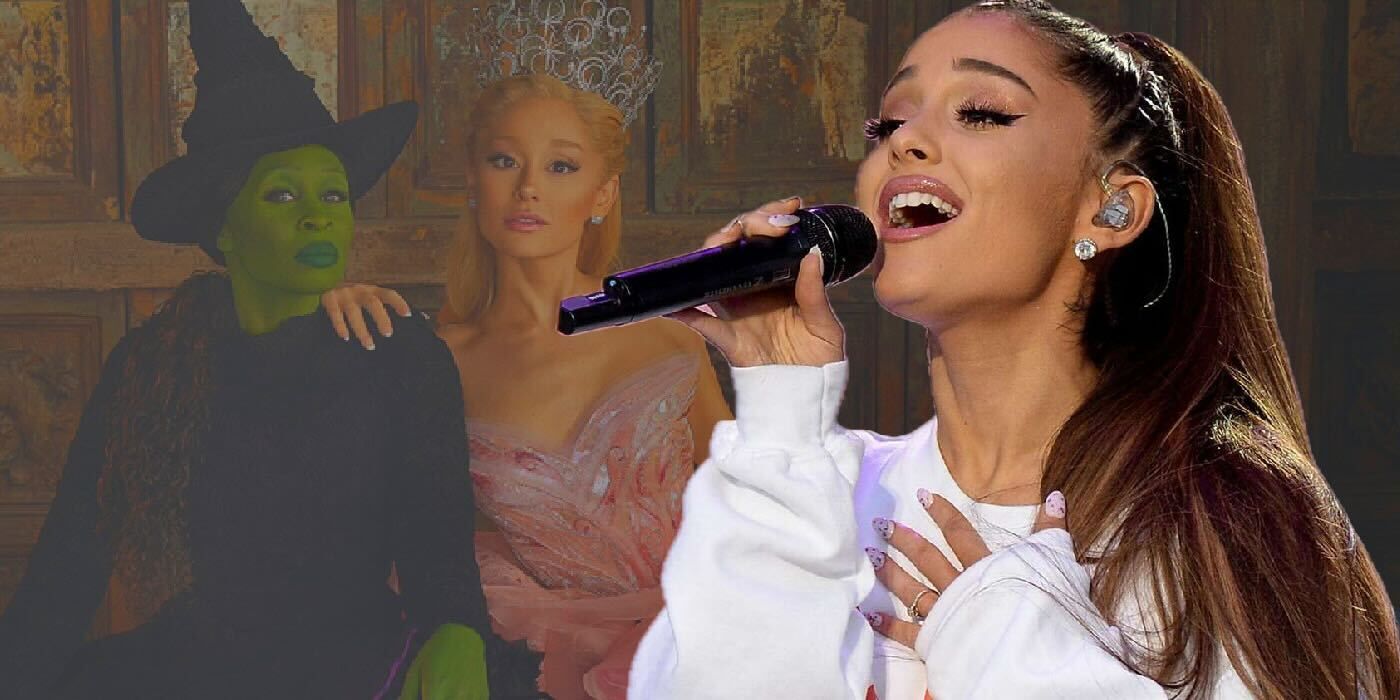Ariana Grande singing with a backdrop of Wicked's Glinda and Elphaba