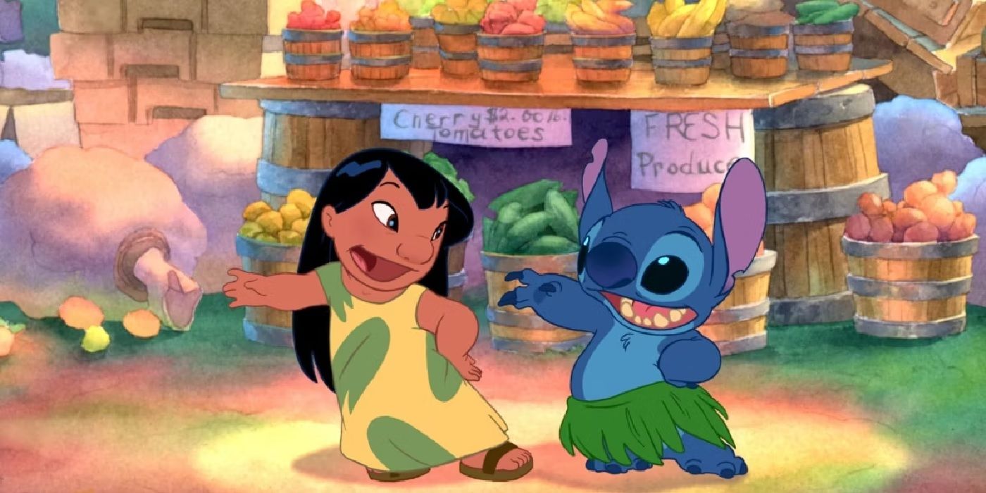 Lilo and Stitch dancing next to a fruit stall