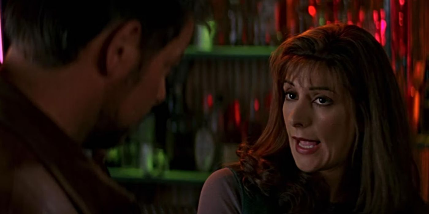Marina Sirtis as a drunk Deann Troi in Star Trek: First Contact