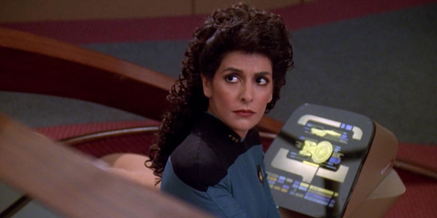 Marina Sirtis as Deanna Troi in Star Trek: The Next Generation's episode Birthright, Part I