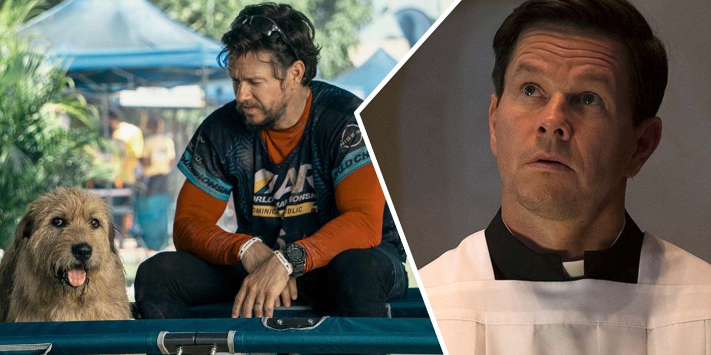 Mark Wahlberg with a dog in Arthur the King & as a priest in Father Stu.