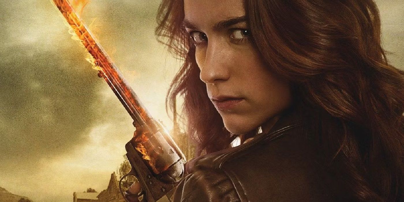 Melanie Scrofano as Wynonna Earp holding a flaming weapon