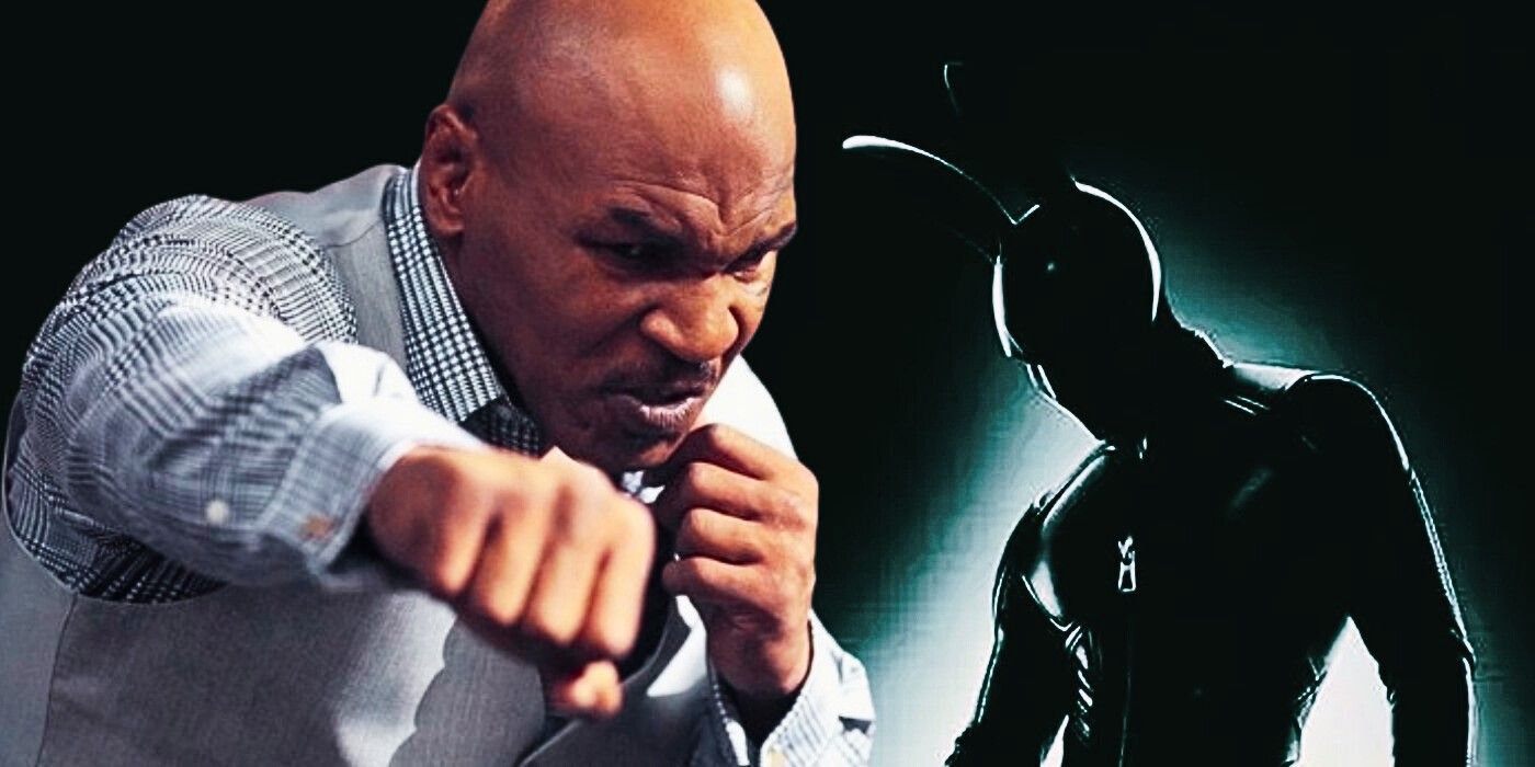 Mike Tyson throwing a punch alongside Bunny-Man.