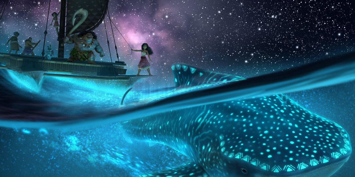 Moana and Maui on a sea craft being pulled by a whale