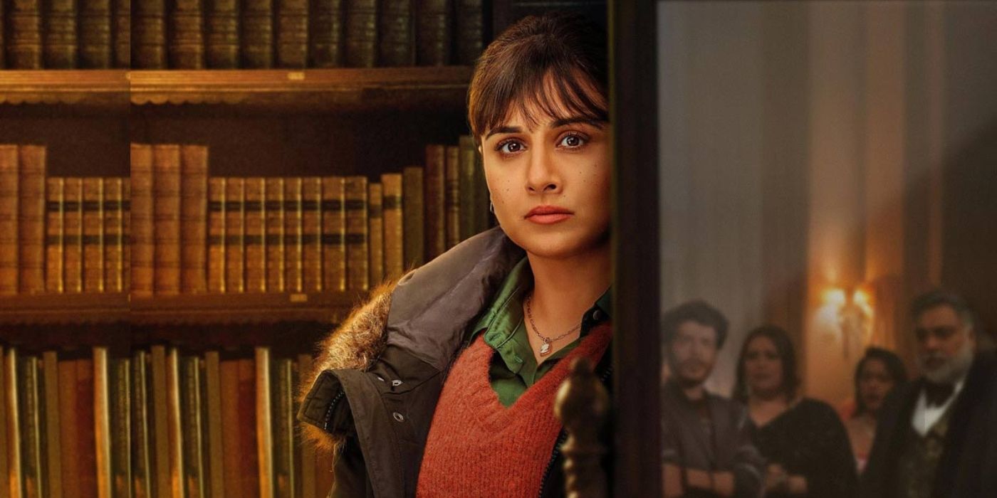 Vidya Balan as Mira Rao, peeking from behind a wall in an ornate library room