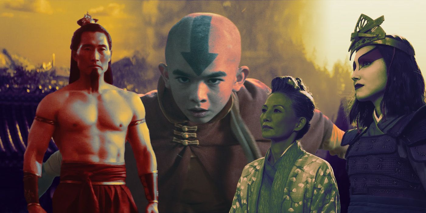 Gordon Cormier, Maria Zhang, Daniel Dae Kim, and Tamlyn Tomita in an edited image of Avatar: The Last Airbender