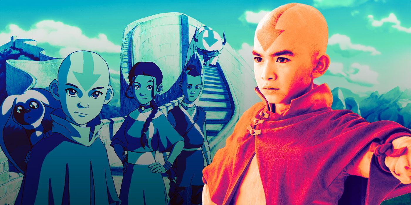 Gordon Cormier como Aang em uma imagem editada ao lado da versão animada do Team Avatar em Avatar: The Last Airbender