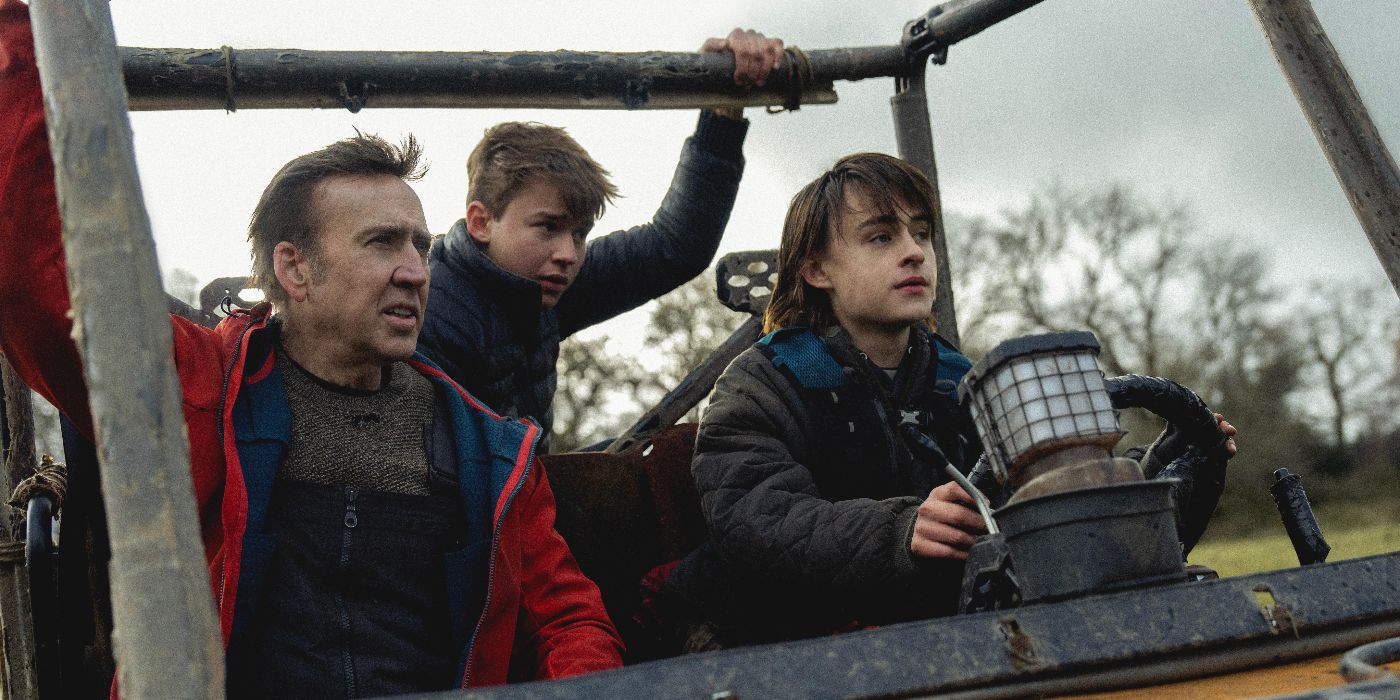 Nicolas Cage and kids in a jeep in the movie Arcadian