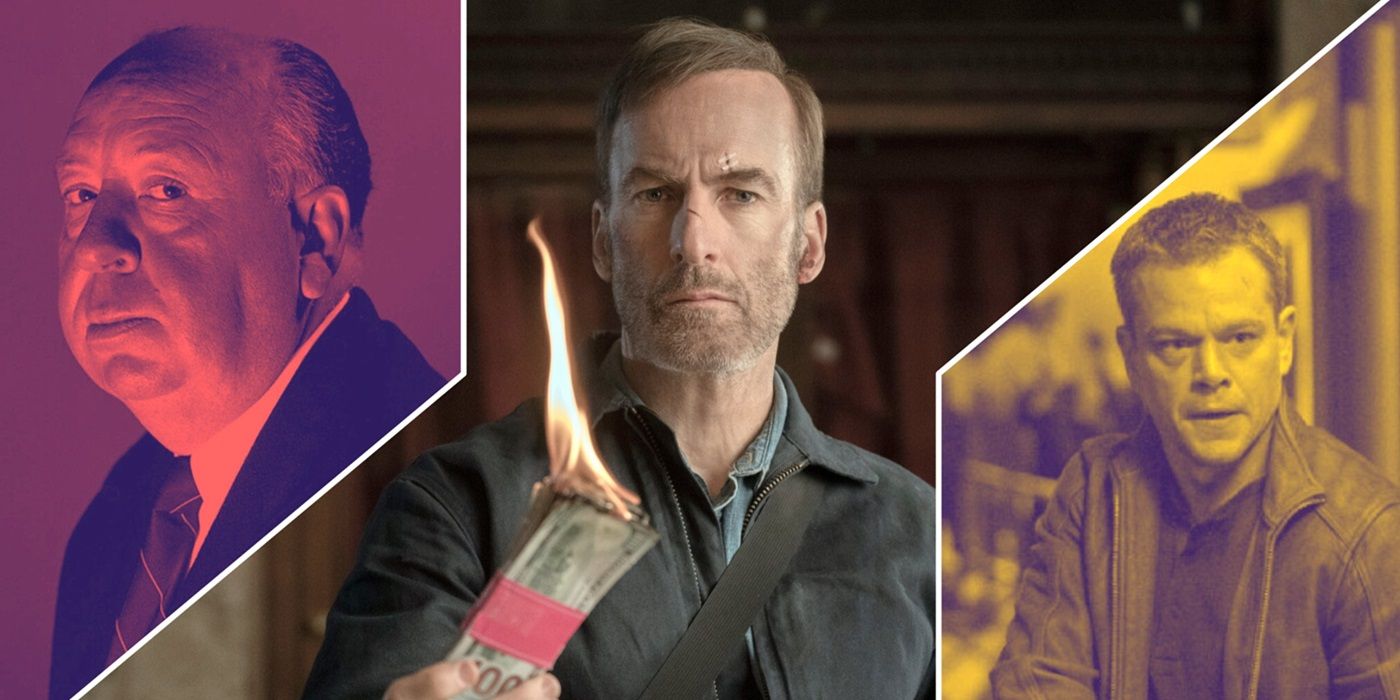 Bob Odenkirk burning money in Nobody alongside Alfred Hitchcock & Jason Bourne.