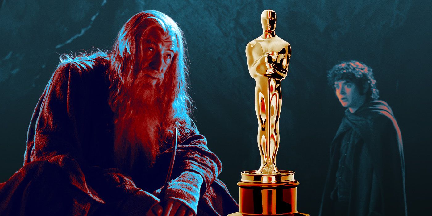Ian McKellen as Gandalf and Elijah Wood as Frodo in Lord of the Rings: Fellowship of the Ring, and an Oscar Trophy