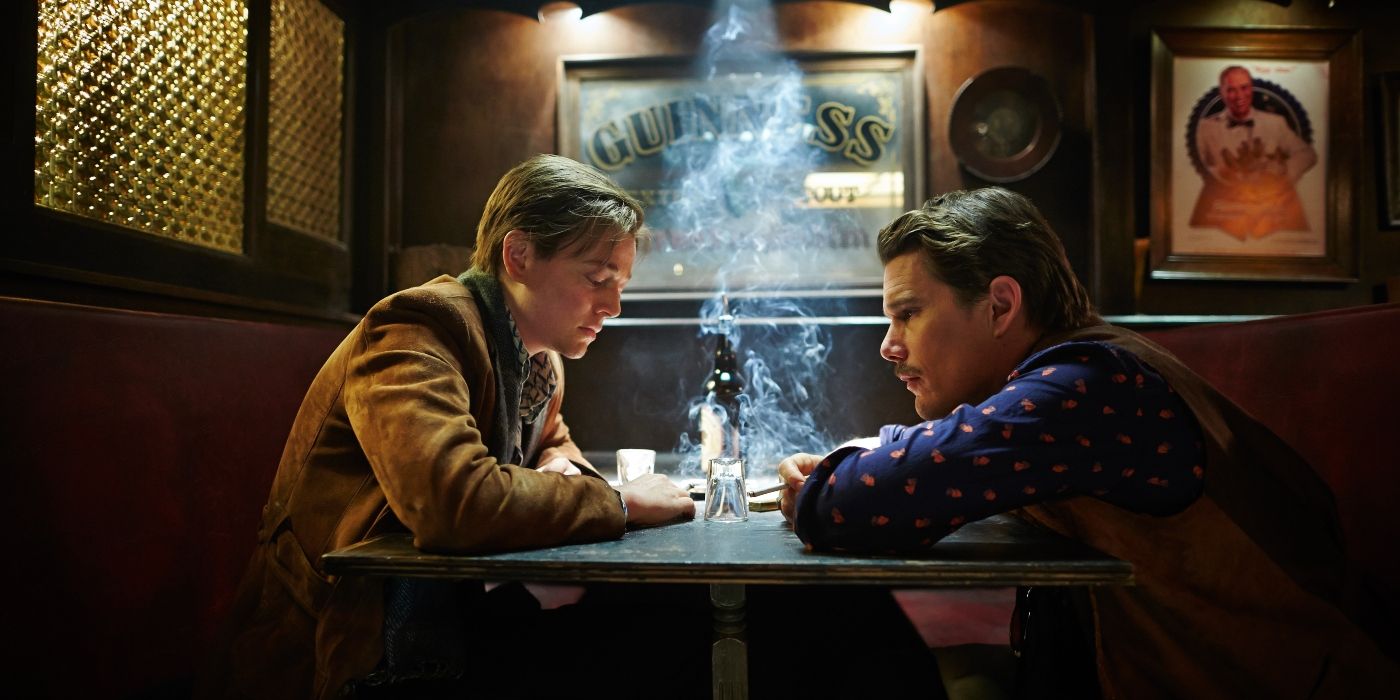 Predestination 2014 Ethan Hawke as the time traveler and barkeep and John talking to himself