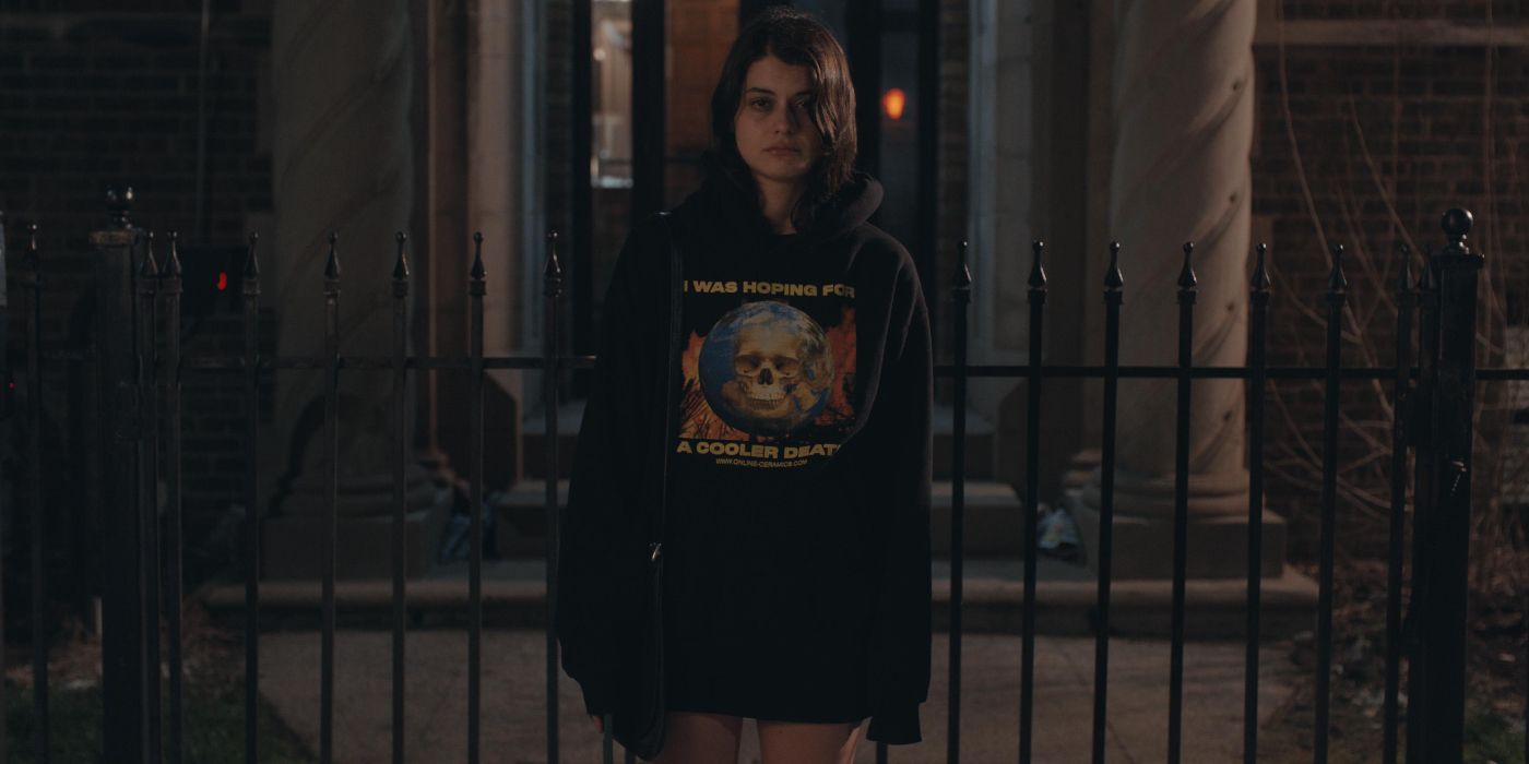 Sofia Black-D'Elia in a hoodie in the SXSW movie I Love You Forever