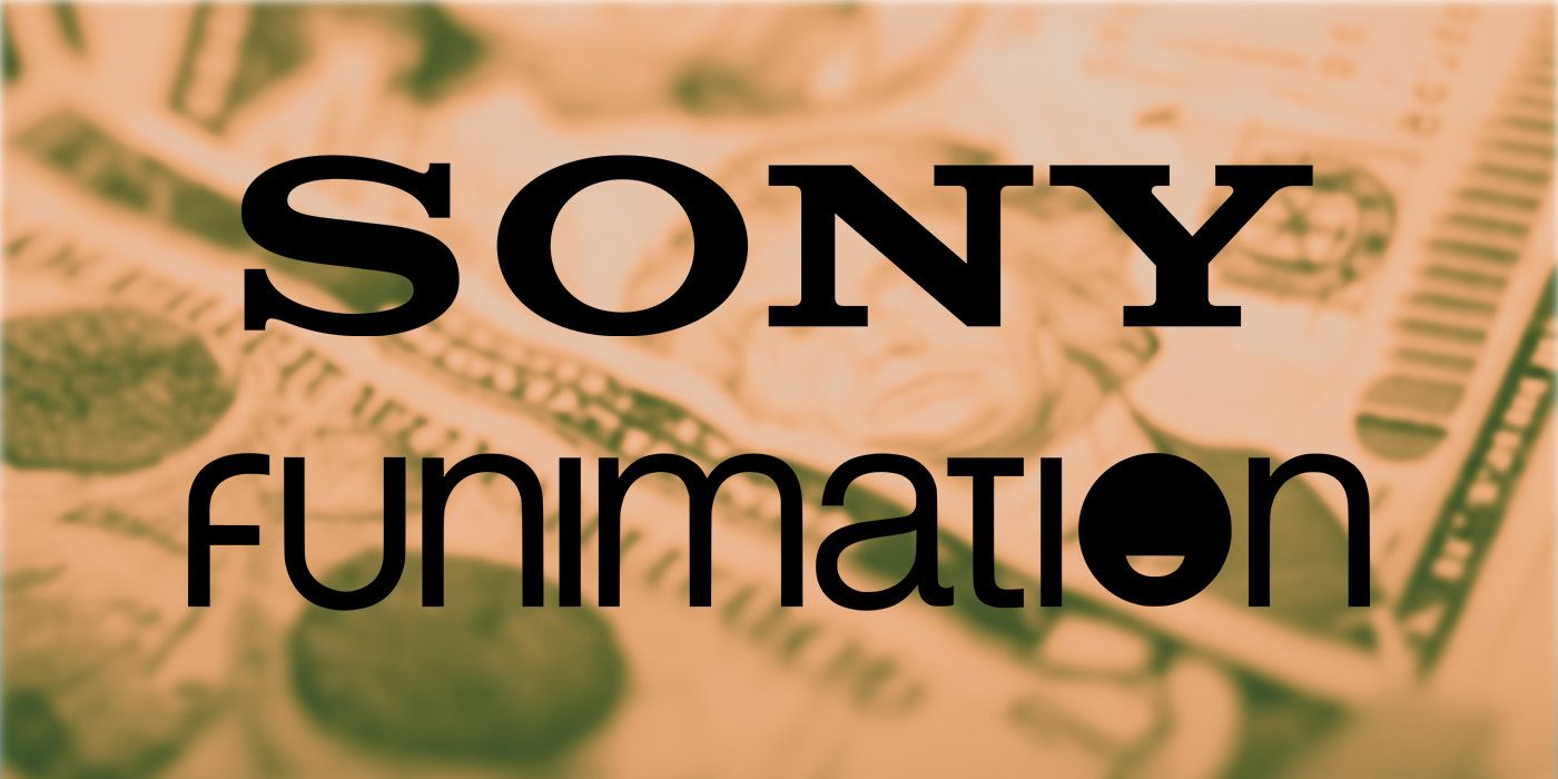 An edited image of the Sony and Funimation logo with a background of dollar bills behind them