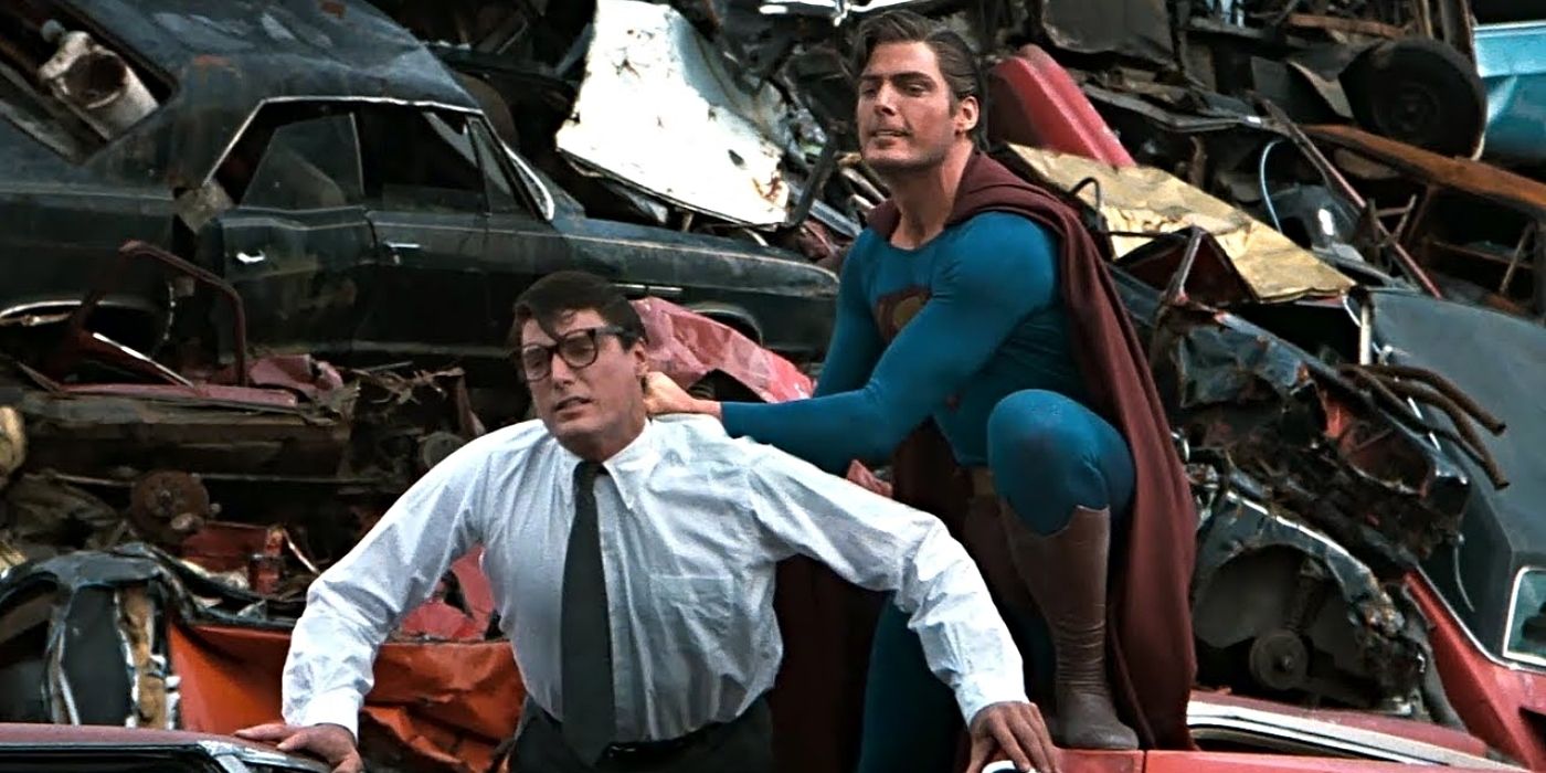 Superman III 1983 Christopher Reeve as Superman vs Clark Kent in scrapyard