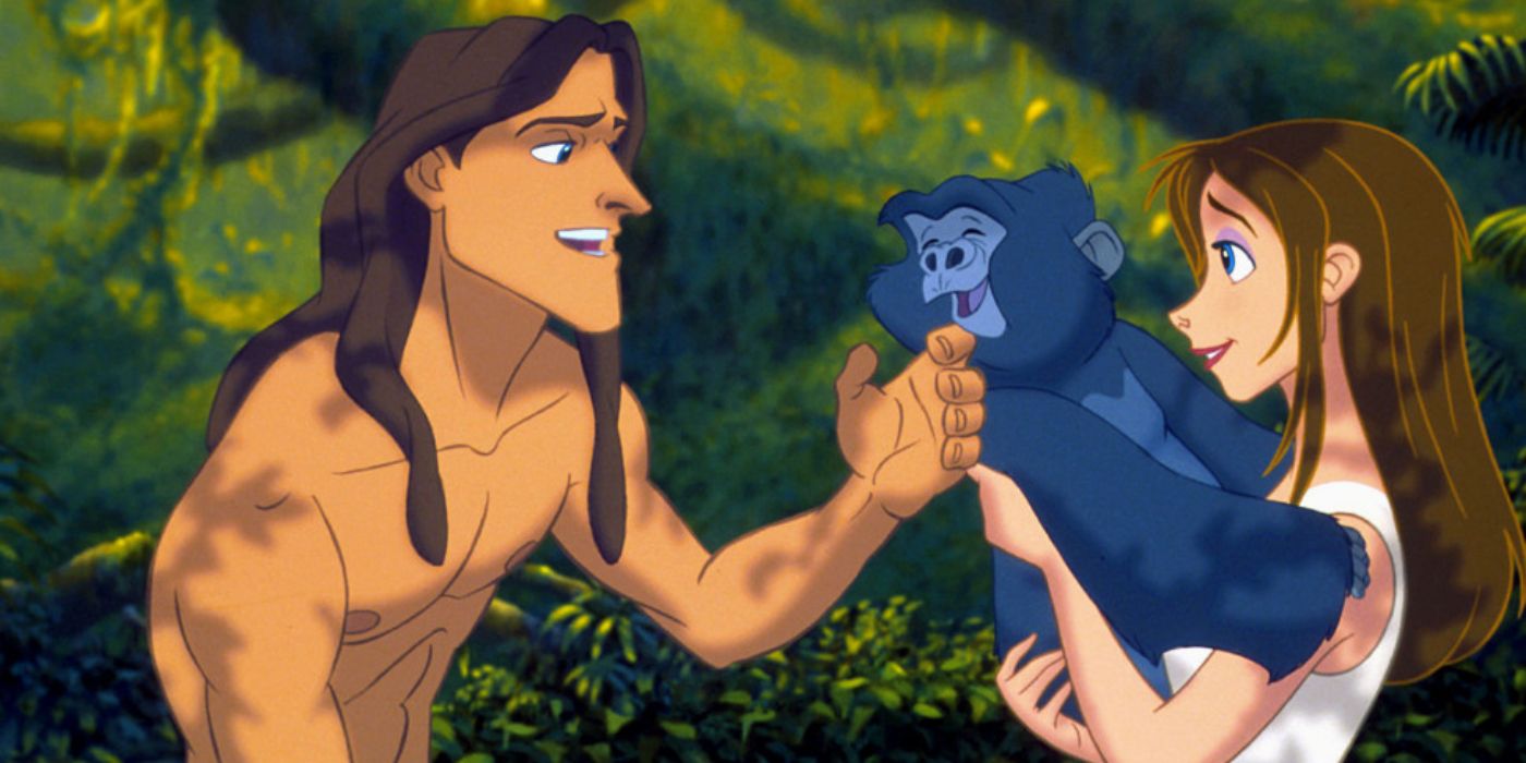 Tarzan e Jane brincando com um bebê gorila em Tarzan