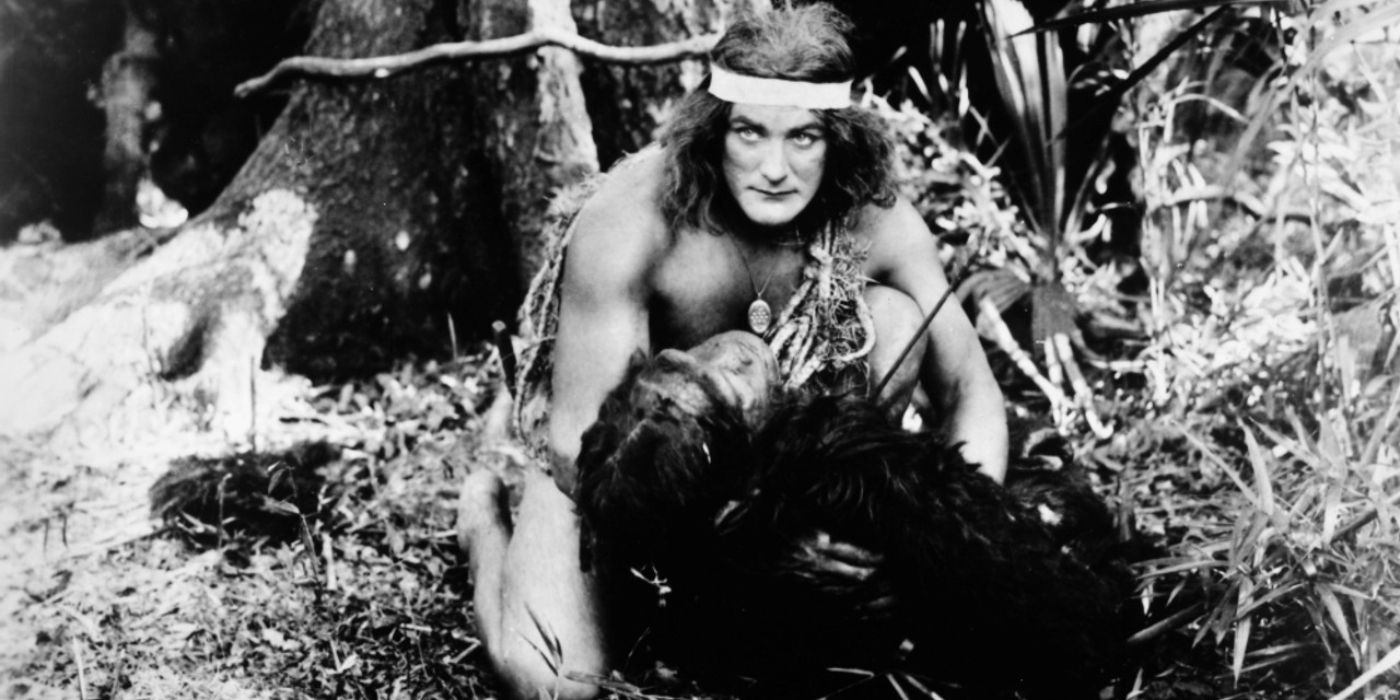 Tarzan embalando um macaco ferido em Tarzan dos Macacos