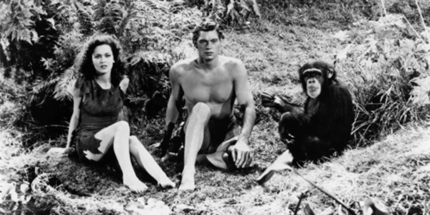 Tarzan, Jane e um chimpanzé sentados na floresta em Tarzan, o Homem Macaco