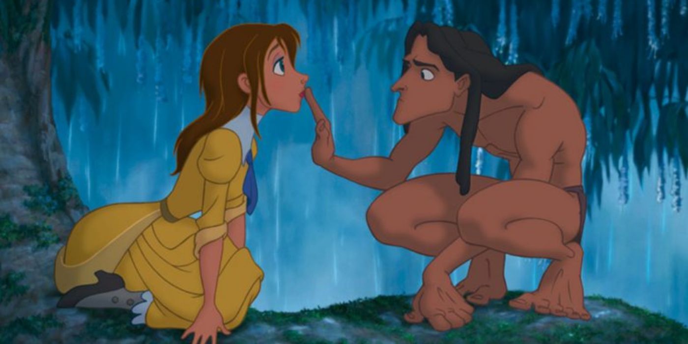 Tarzan sentado com Jane na chuva em Tarzan