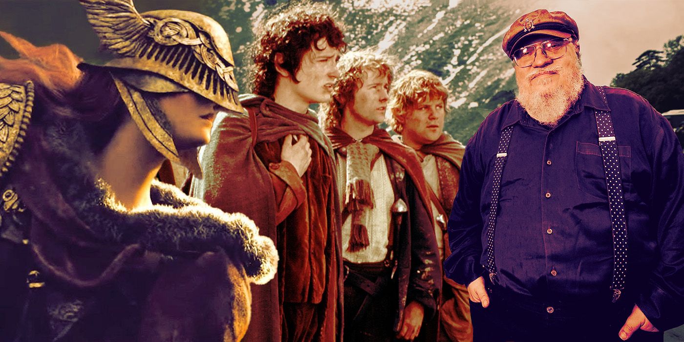 An edit of Melania from Elden Ring, Frodo, Sam, and Pippin in The Lord of the Rings, with George R.R. Martin next to them