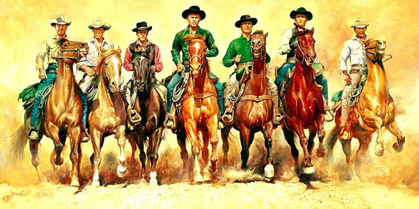 The Magnificent Seven cowboys on horseback